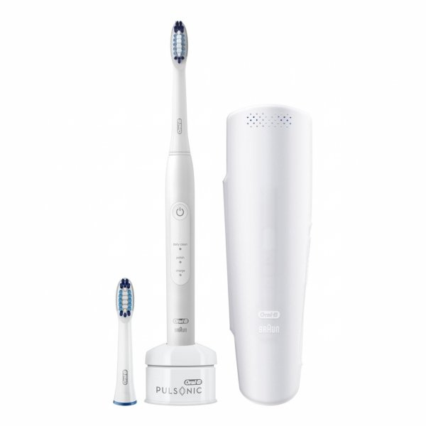 Oral-B Pulsonic Slim One 2200聲波電動牙刷，可在2週內使牙齒潔白，帶有計時器，2個Pulsonic刷頭和旅行盒，珍珠白色