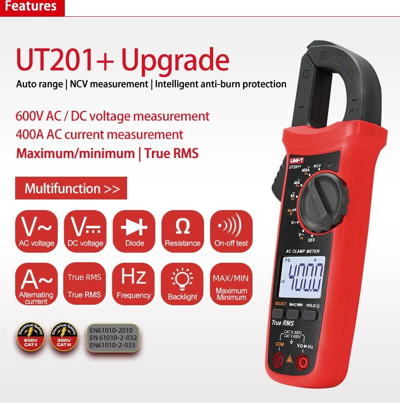 UNI-T UT-201+ 鉗形電流表4000 計數自動量程NCV 測量 AC DC / 電阻 萬用錶