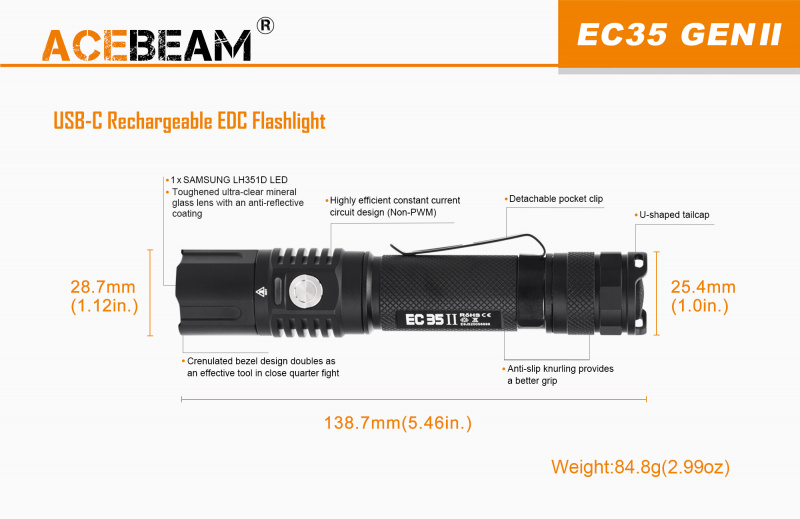 ACEBeam EC35 II USB充電 1100lm 電筒