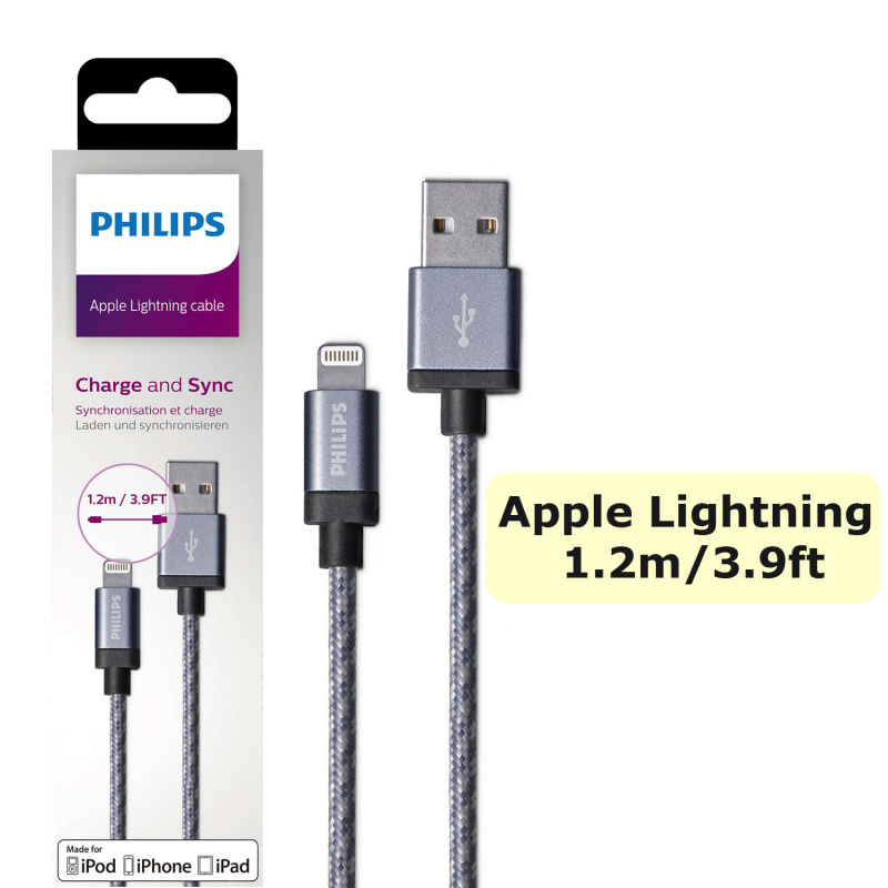Philips 飛利浦 - 蘋果MFi認証 Lightning充電線 1.2米 銀色編織線 DLC2508N/97 Charge and Sync 平行進口貨品