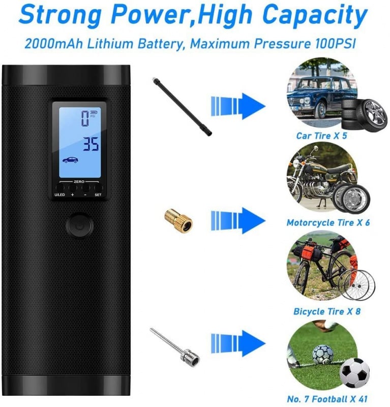 無線便攜式汽車單車充氣泵 120PSI帶壓力表 散熱記憶功能 [黑色]