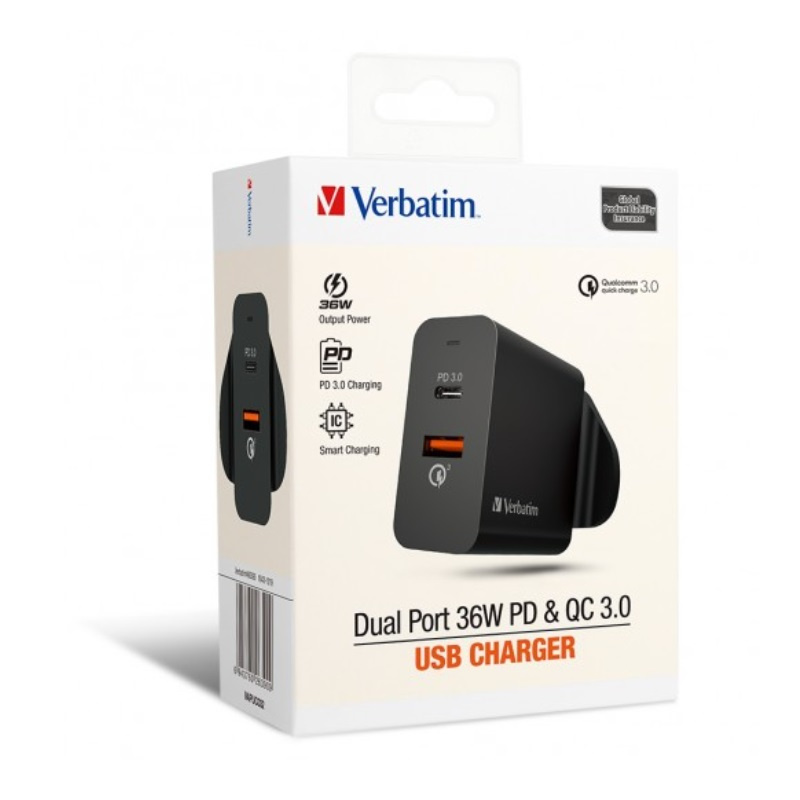 Verbatim Dual Port 36W PD & QC 3.0 USB 充電器 66390【香港行貨保養】
