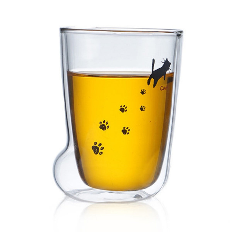雙層玻璃杯 貓足杯 貓腳杯 貓爪水杯 卡通杯子家用飲品杯可愛貓咪玻璃杯