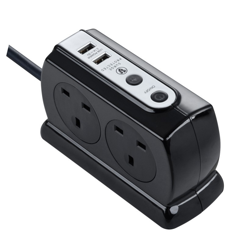 Masterplug SRGDSU42PB Compact 背靠背設計2位USB 3.1A及 4位X13A 2米防雷拖板 亮麗黑色