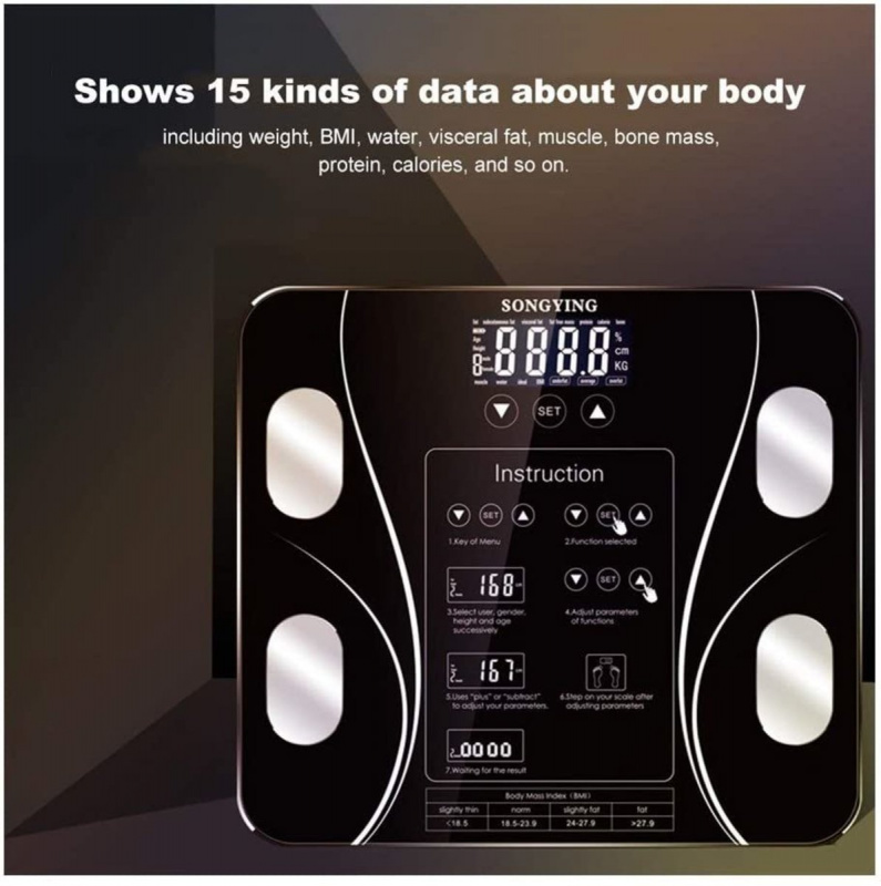 Elife 人體脂肪磅秤/智能電子體重磅/精密度高BMI秤磅 (黑色,1件)