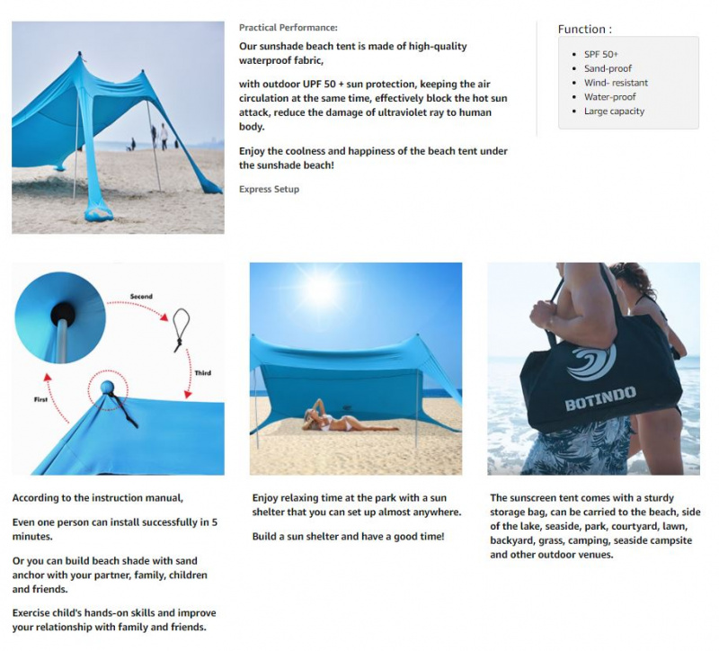 沙灘帳篷遮陽罩 UPF50 + 附穩定桿 戶外遮陽篷 [7X7FT 4桿] [淺藍色]