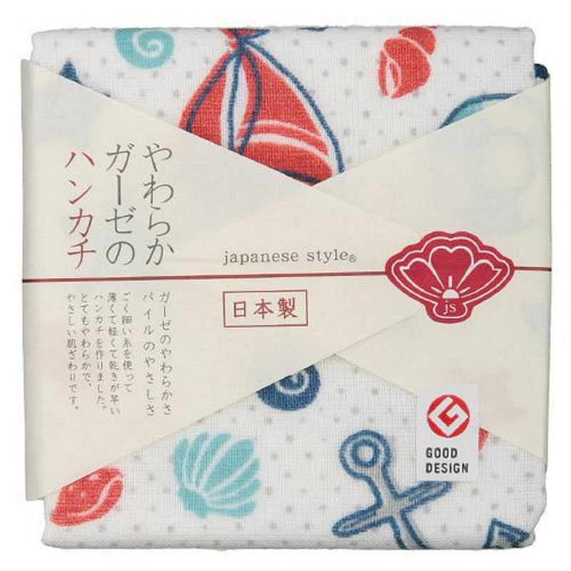 日本Js 古日風 日本製 白底海洋貝殼和船小方巾 (360)【市集世界 - 日本市集】