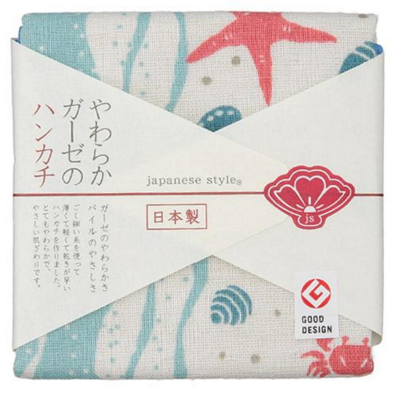 日本Js 古日風 日本製 沙灘貝殼蟹仔海星小方巾 (099)【市集世界 - 日本市集】
