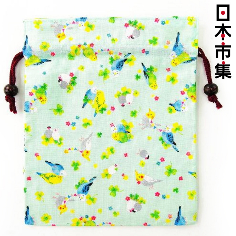 日本 匠佑 日本製 鸚鵡圖案細花花 淺綠色 便攜索繩袋【市集世界 - 日本市集】