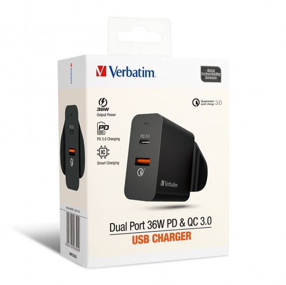 Verbatim Dual Port 36W PD & QC 3.0 USB充電器（黑色）USB插頭+Type-C PD 3.0 66390