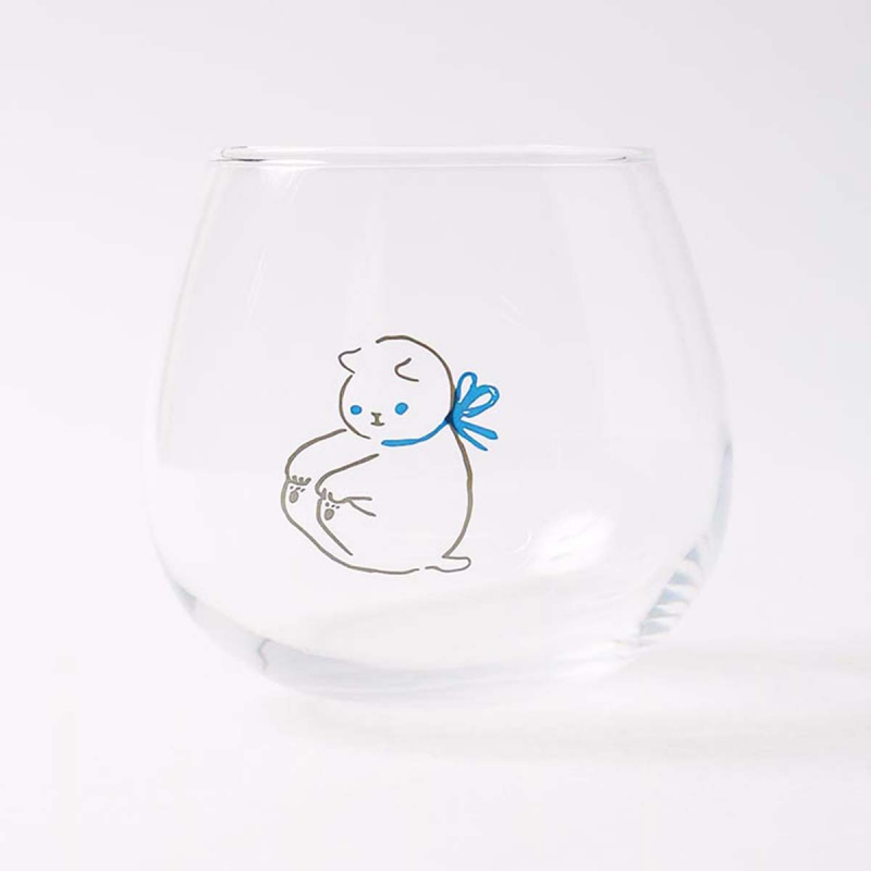 日本 貓雜貨 Corocoro 日本製 藍絲帶貓咪 搖擺玻璃杯 320ml (666)【市集世界 - 日本市集】