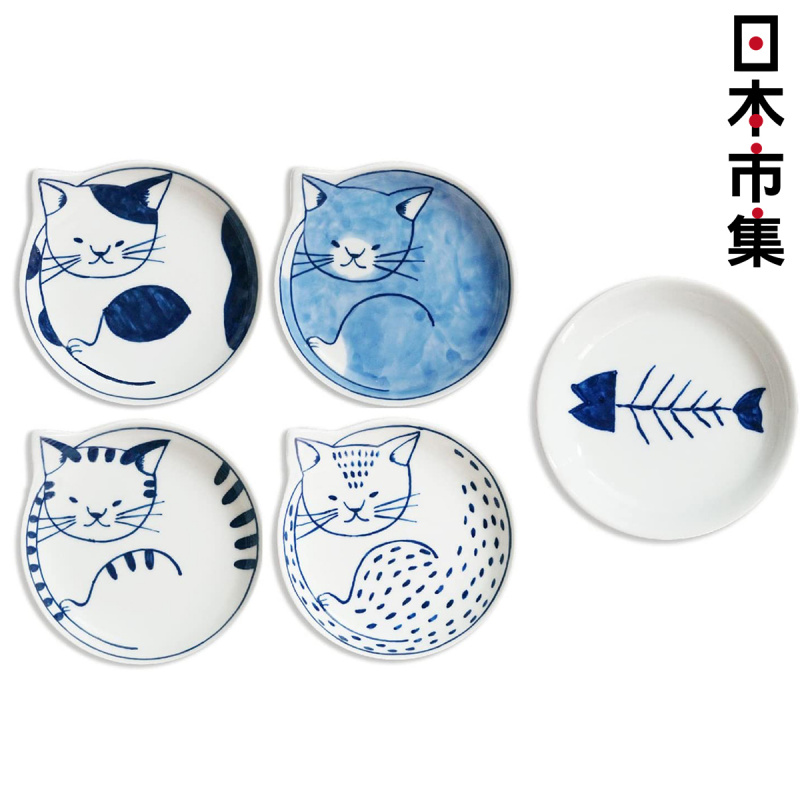 日本Neco 波佐見燒 日本製 藍白貓咪 5件瓷醬油碟 禮盒 禮盒套裝 (315)【市集世界 - 日本市集】