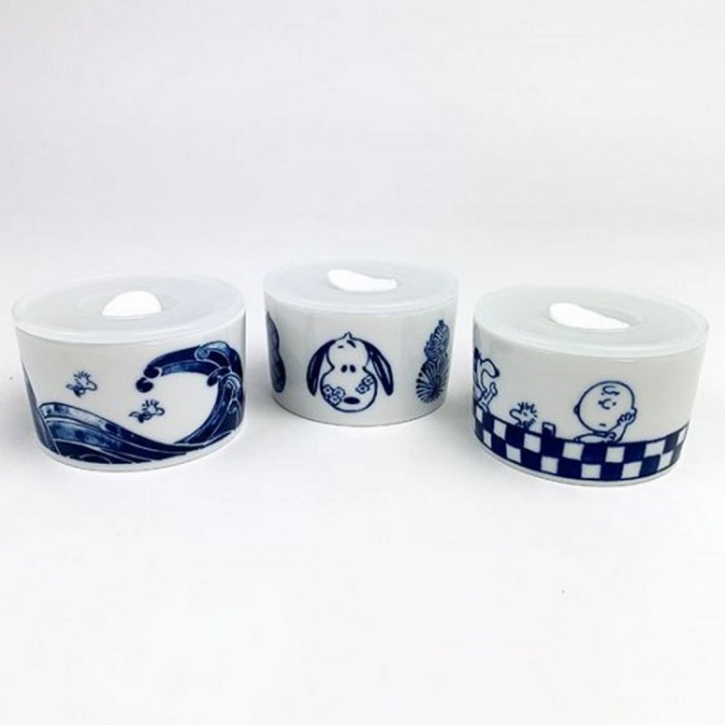 日版Snoopy 史努比家族 藍印系列 日本製 3件密實陶瓷罐食物盒 禮盒套裝 (328)【市集世界 - 日本市集】
