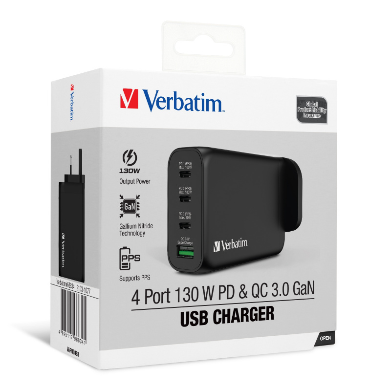 Verbatim 4 Port 130W PD 3.0 & QC 3.0 GaN USB充電器(66634)