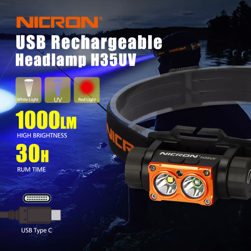 NICRON H35 UV 1000lm 白光+紅光+UV 395nm Type C 18650充電頭燈