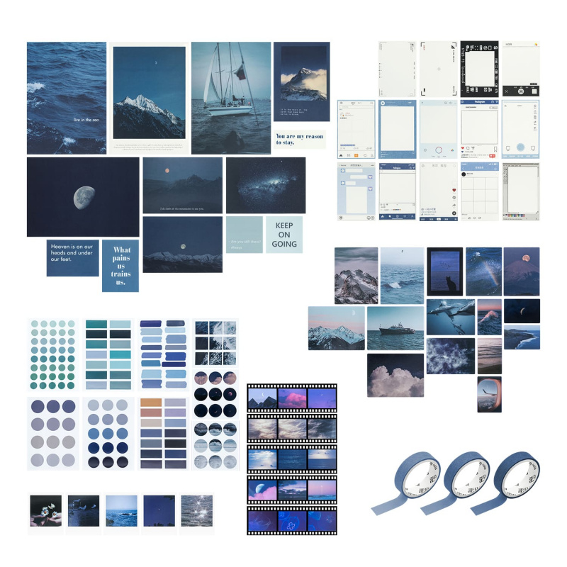Ins 文青風格diy手帳日記scrapbook剪貼簿貼紙裝飾卡片紙膠帶素材包套裝 藍色系 Supreme Factory Limited