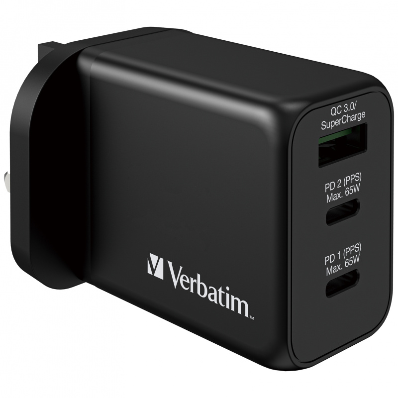 (免運費) Verbatim 3 Port 65W PD 3.0 & QC 3.0 GaN 充電器 [66716]