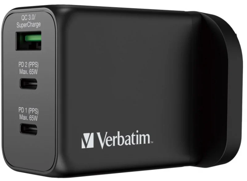 Verbatim 3 Port 65W PD 3.0 & QC 3.0 GaN 充電器 (66716)【香港行貨保養】