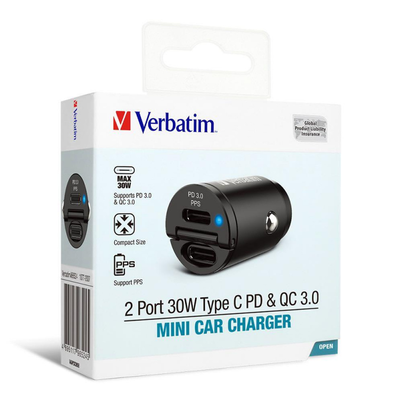 Verbatim Dual Port 30W Type C PD & QC 3.0迷你汽車充電器 66524