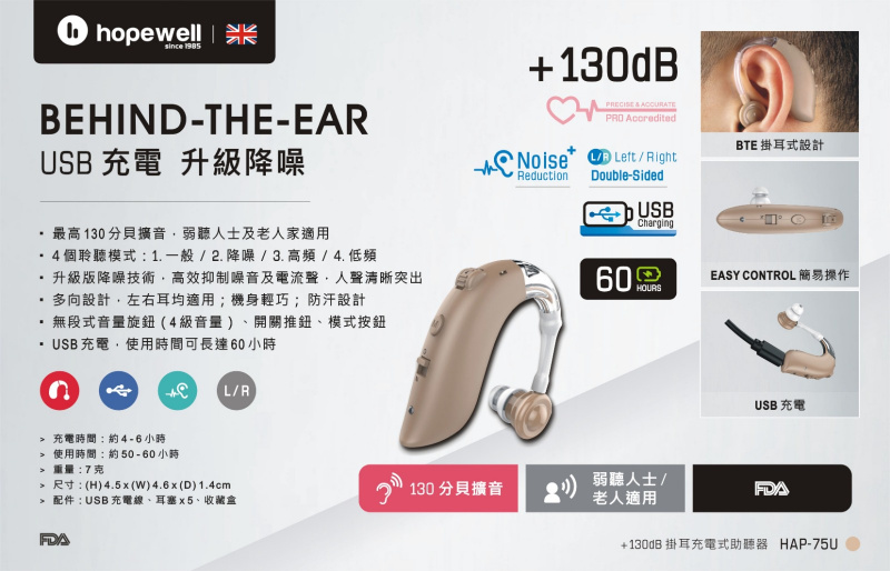 Hopewell 掛耳式充電型助聽器 (+130dB) HAP-75U