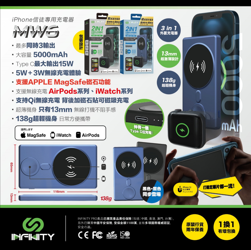 Infinity 超薄3合1 iPhone + iWatch 磁吸無線外置充電器  MW6