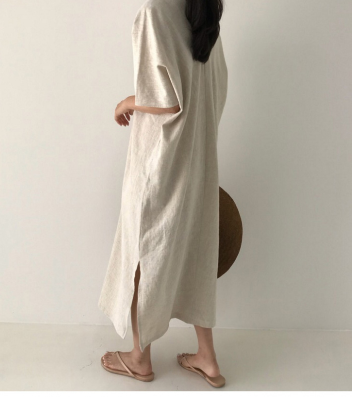 日本半袖 ロング Vネック亞麻連身裙 [2色]