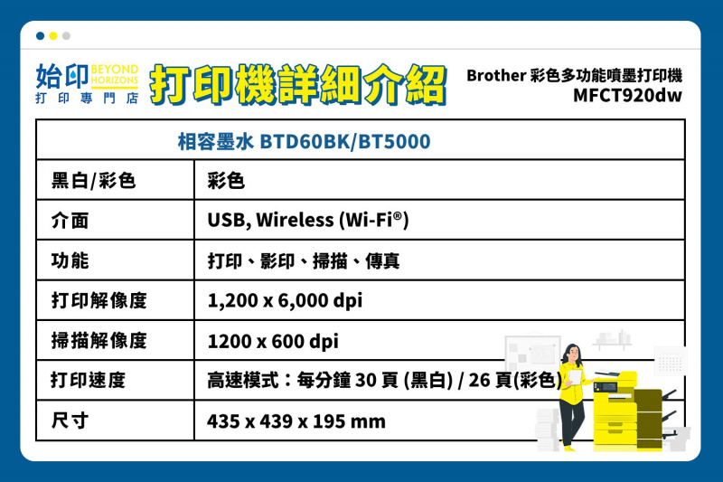 Brother MFCT920DW 彩色4合1多功能噴墨打印機 Wi-Fi連接 (同類機型: MFCT820DW/MFCT4500DW/MFCJ491DW)