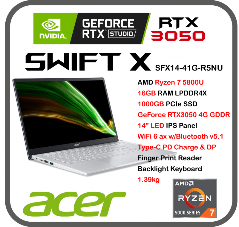 Acer Swift X SFX14-41G-R5NU (Ryzen 7 5800U/16GB RAM/ 1TB SSD/ RTX3050/ 14" IPS) 手提電腦