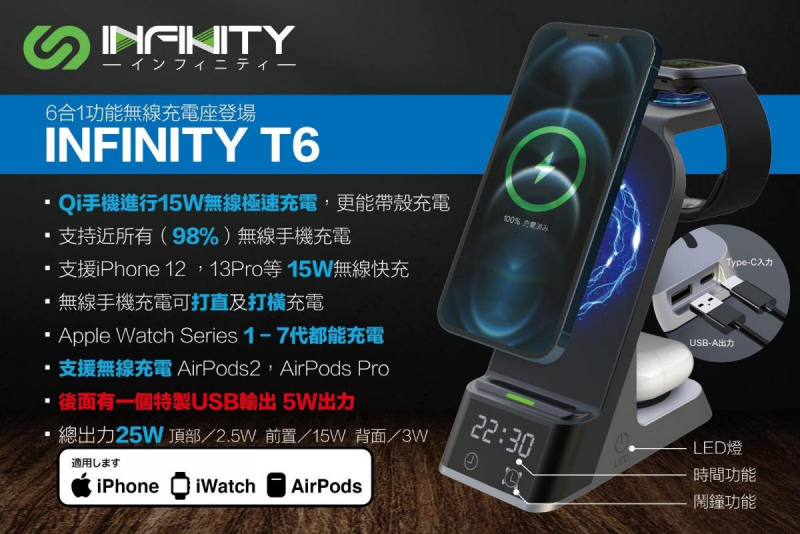 Infinity - INFINITY T6 6合1功能無線充電座 iPhone/Samsung/Apple Watch/鬧鐘