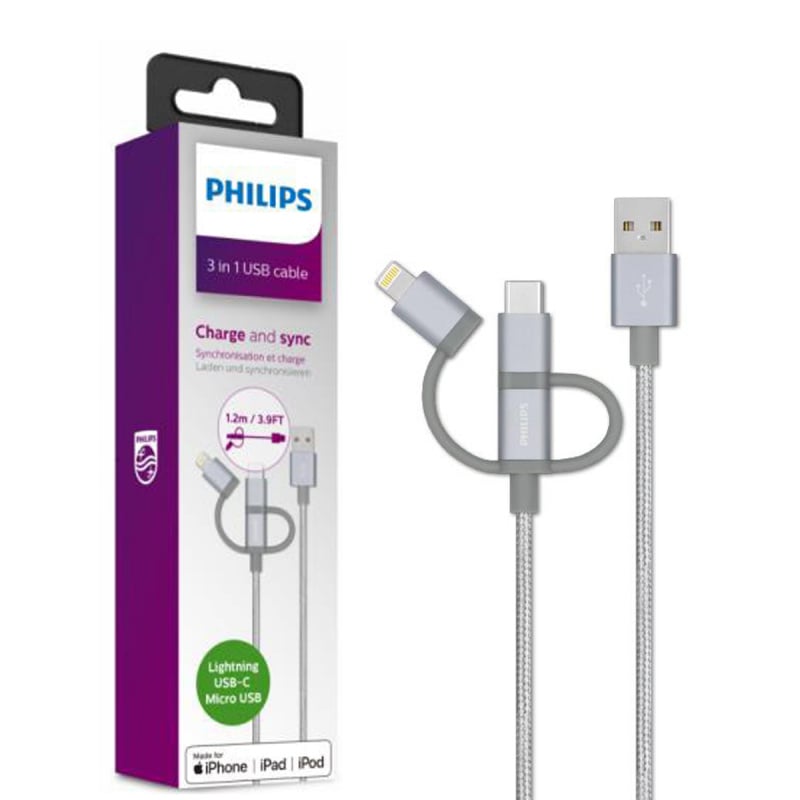 Philips 飛利浦 - 蘋果MFi認証 Lightning& Type-C & Micro USB 3合1充電線 1.2米 銀色編織線 DLC4541VV Charge and Sync 平行進口貨品