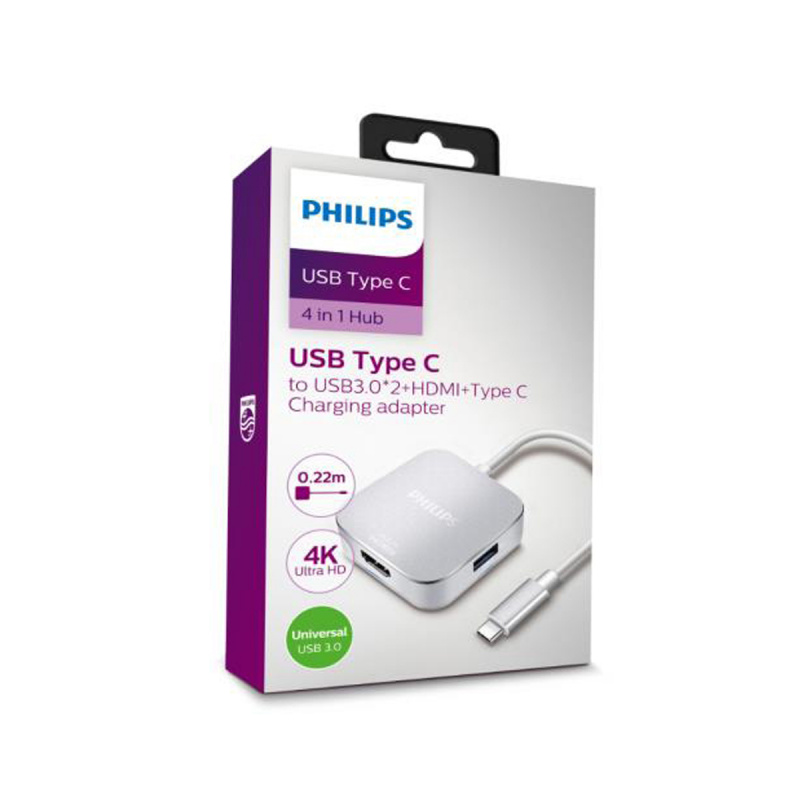 Philips 飛利浦 - 4合1 USB Type C Hub USB3.0 x 2 + HDMI + Type C 充電插頭 DLK2310C 平行進口貨品
