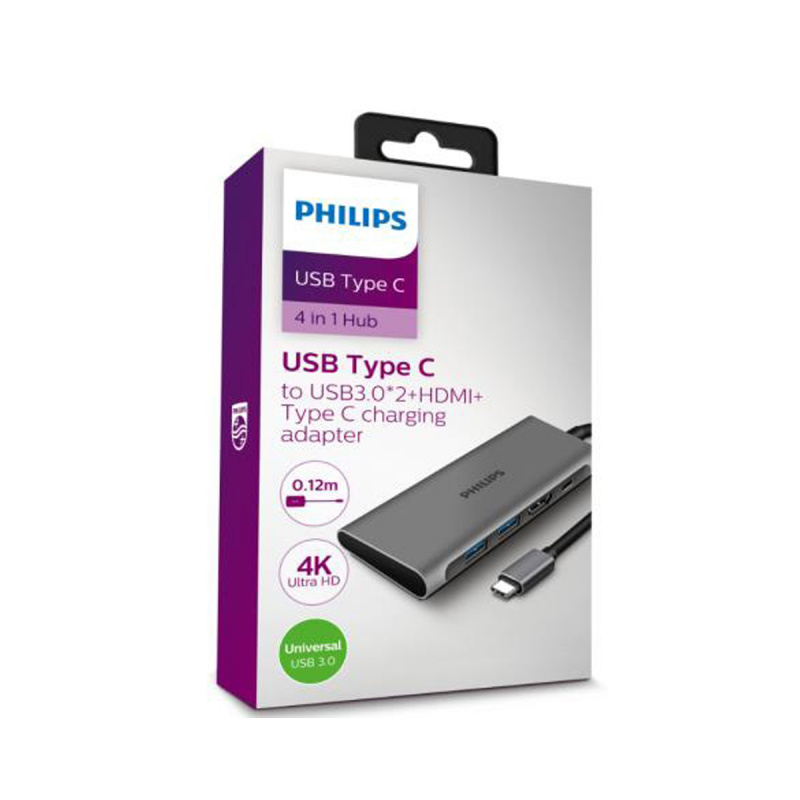 Philips 飛利浦 - 4合1 USB Type C Hub USB3.0 x 2 + HDMI + Type C 充電插頭 DLK5514C 平行進口貨品
