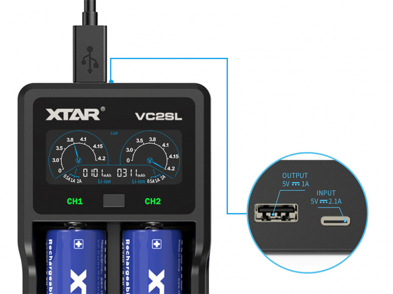 Xtar VC2SL 加長版 USB-C 兩槽2A快速充電器 可充保護版21700 香港行貨 VC2 VC2S