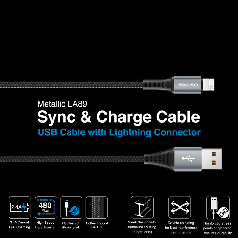 Capdase S/C Cable, iPhone, iPod, iPad series Metallic L-PIN_1.5M/Space Grey, Black