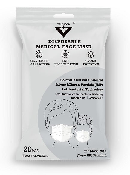 TRUVIGOR - 真活力 *專利銀微子(SMP)抗菌* 成人四層平面口罩17.5 x 9.5cm ,20 個 / 袋 (獨立包裝)  (銀微子抗菌膜，能有效減少病毒因呼吸而感染或傳播的機會)馬來西亞品牌