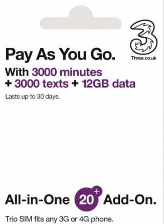 3UK 英國及60多國 30日 12GB 4G/3G 數據及通話卡