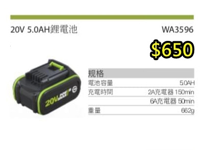 香港行貨 WORX WA3596 20V 5.0A 充電池