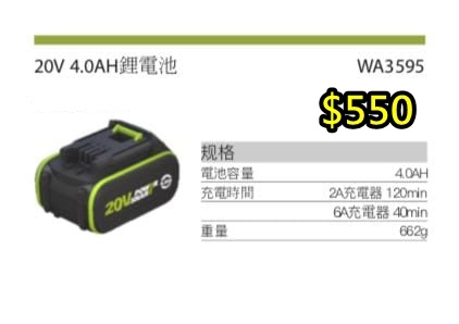 香港行貨 WORX WA3595 20V 4.0A 充電池