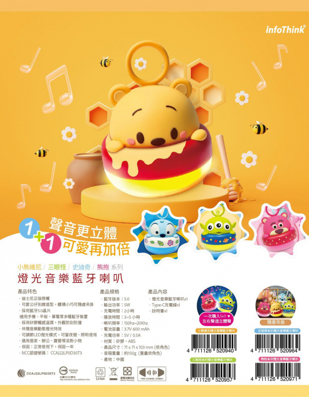 台灣Infothink 迪士尼系列 燈光音樂藍牙喇叭 ( 維妮、三眼仔、史迪奇同熊抱哥）～ 限量版發售