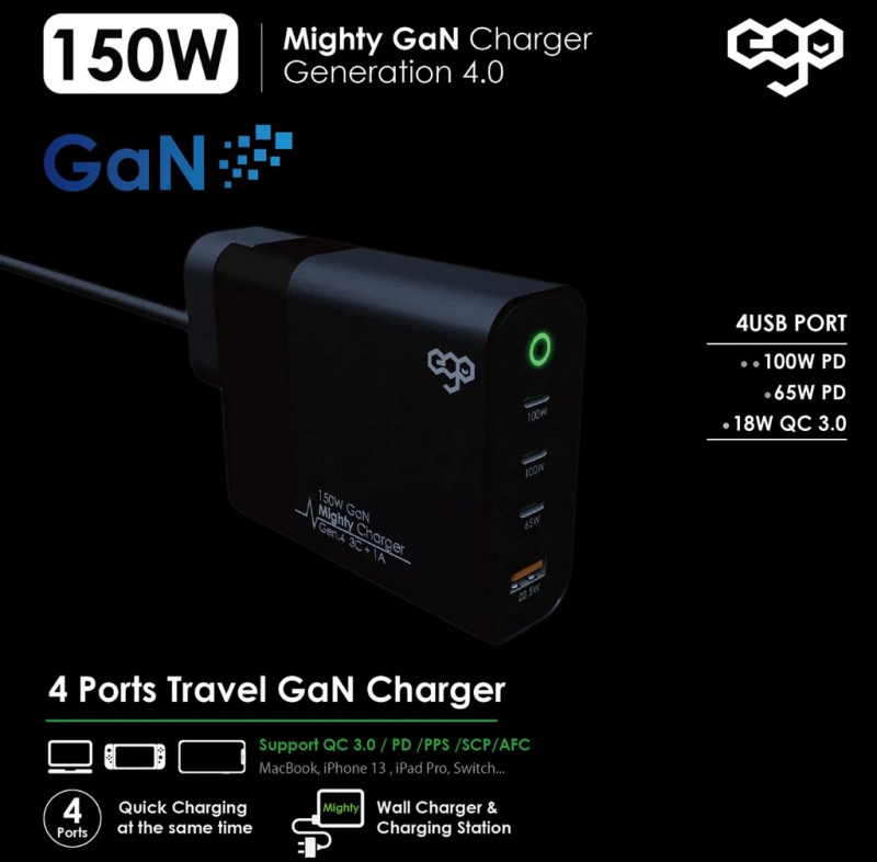 EGO 150W Mighty GaN 4USB Travel Charger 多用途充電器 A1904-4