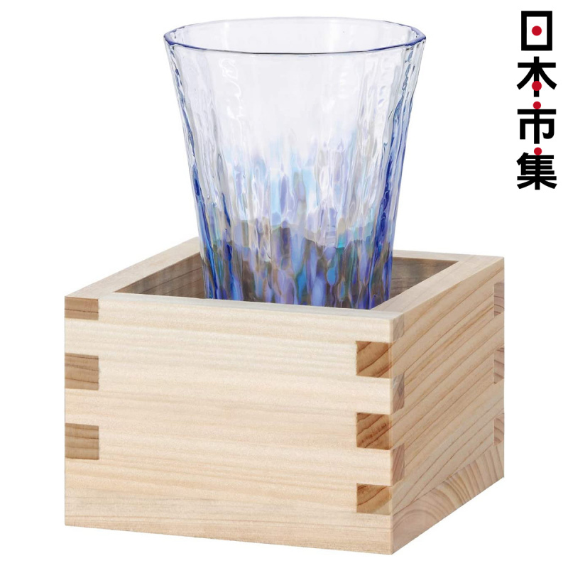 日本 北洋硝子 津輕玻璃 枡酒花遊 藍色 日本製 玻璃杯連木器枡酒杯禮盒套裝 (591)【市集世界 - 日本市集】
