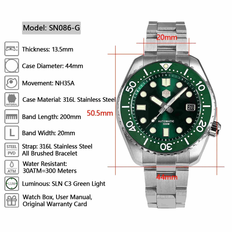SAN MARTIN SN086-G 自動機械錶 不鏽鋼 黑色/藍色/綠色