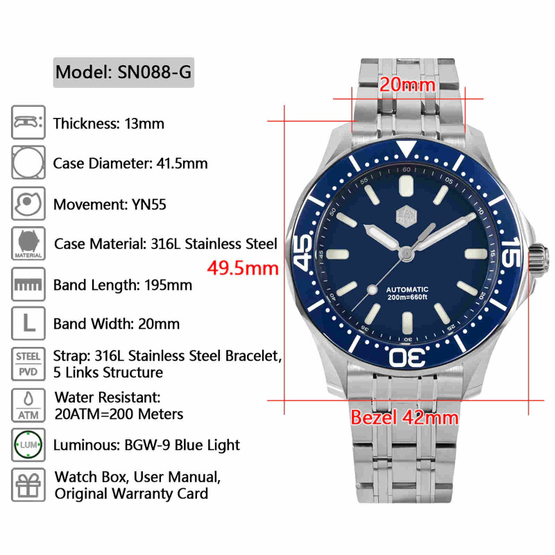 SAN MARTIN SN088-G 自動機械錶  不鏽鋼 黑色/藍色