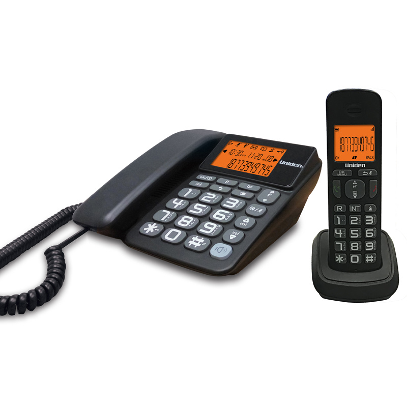 日本Uniden AT4503 有線及無線子母電話 大屏幕大按鍵大聲 來電顯示 免提橙背光