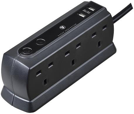 英國Masterplug - Compact 2位 USB 2.1A 及 4位 / 6位防雷拖板 線長 2米 有電源指示燈 背靠背設計 慳位實用 啞光黑色 SRGDU42MB2 / SRGDU62MB2