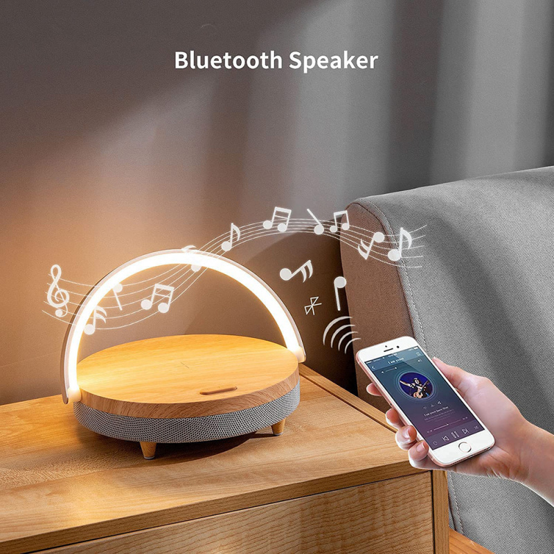 手機喇叭Wireless Charger Bluetooth Speaker for IPhone 13 Wooden Table Lamp High Power Mobile Phone Stand Wireless Charger Lamp Speaker