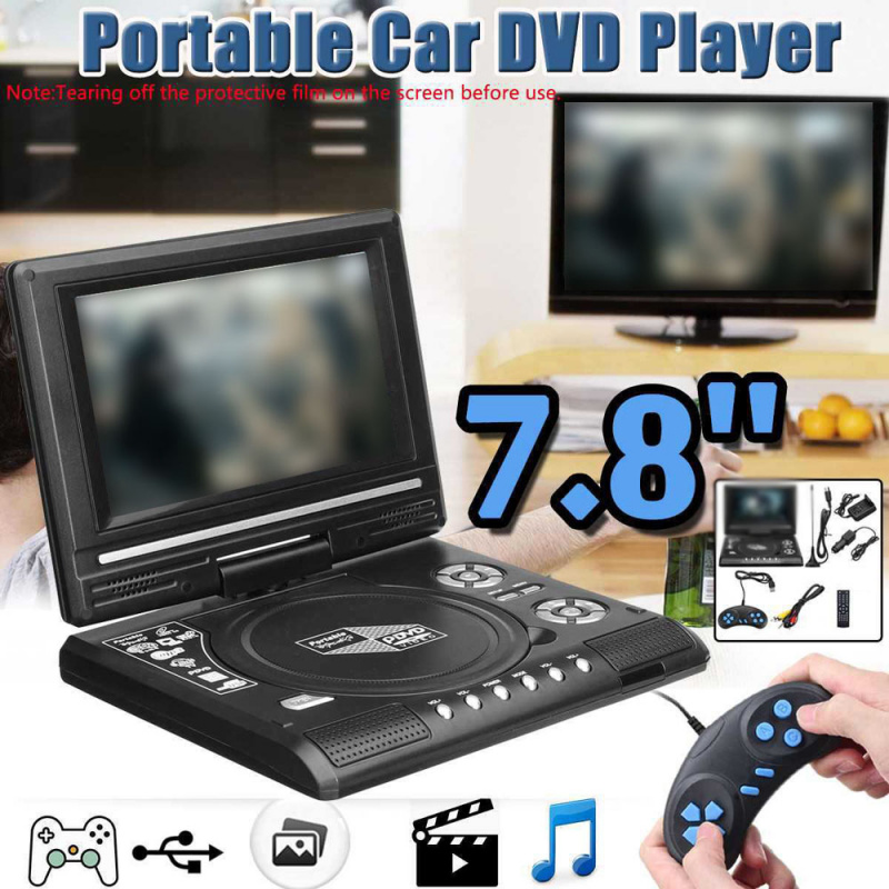 影碟機7.8 英寸便携式高清电视家用车载 DVD 播放器 VCD CD MP3 DVD 播放器 USB 卡 RCA 电视便携式有线游戏 16 9 旋转液晶屏