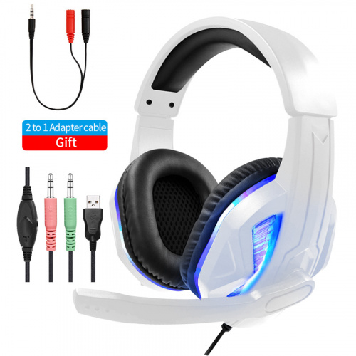 游戲耳機White Wired Headphoness For PC With HD Microphone & Bule LED Light High Quality Stereo Bass Gaming Headset For PS4 PS5 Switch