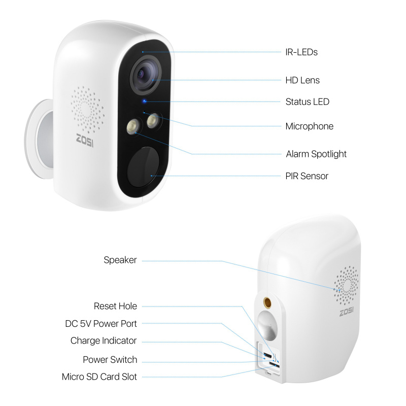 相機電池ZOSI C1 無線電池安全攝像機 1080p 全高清 IP65 戶外 PIR 2 路音頻雲存儲 SD 插槽，用於家庭監控