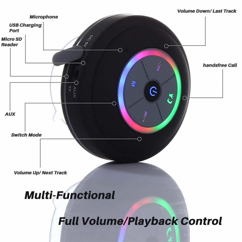 防水音箱Waterproof Bluetooth Speaker Bathroom Radio Wireless Shower Speaker Black, with Microphone, RGB light, Support TF card FM radio